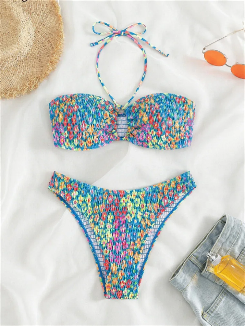 2024 New Bikinis Swimwear Women Push Up Swimsuit 2 Pieces Bikini Set Smocked Print Bathing Suit Beach Wear Summer Biquini Female