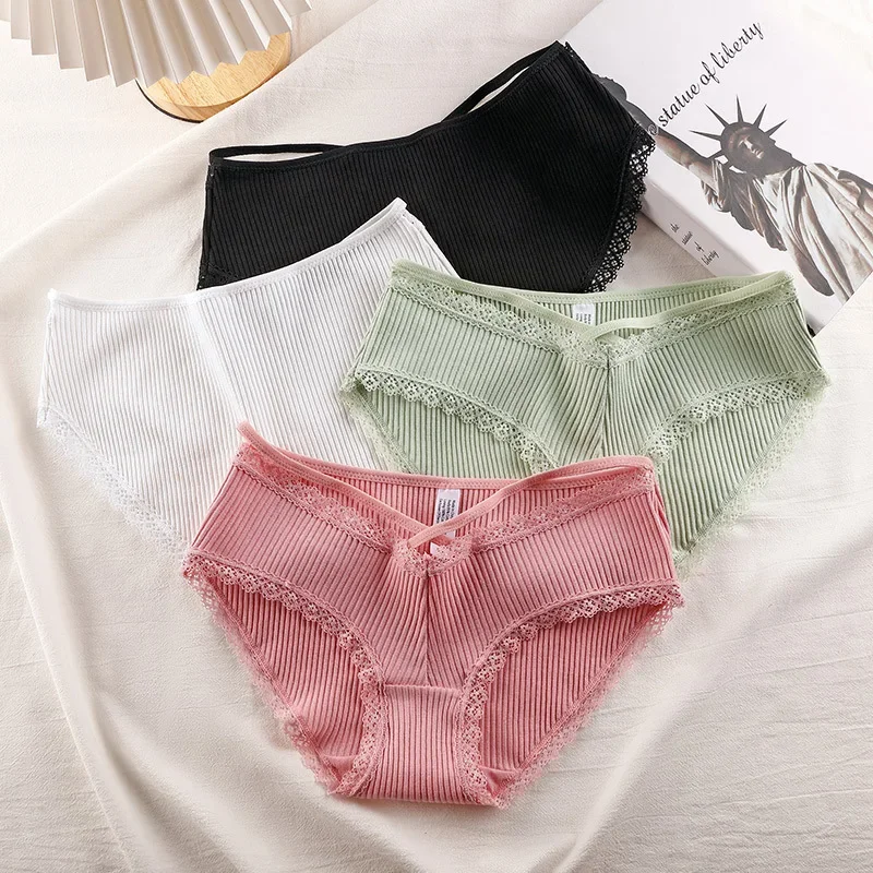 

Summer New Japanese and Korean Comfortable Cotton Underwear Women's pure Desire Style Briefs Cross Edge Sexy Low Wait Lace