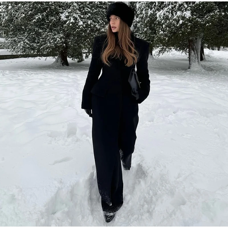 Elegant Hidden Button V-neck Long Coat Women Vintage Classic Waist-cinching Black Tweed Coats Lady Winter Chic Street Overcoats