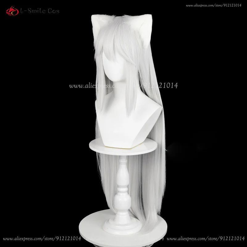 Tomoe Cosplay Perücke Silberweiß Unisex Anime Wig Hitzebeständig mit Ohren 28