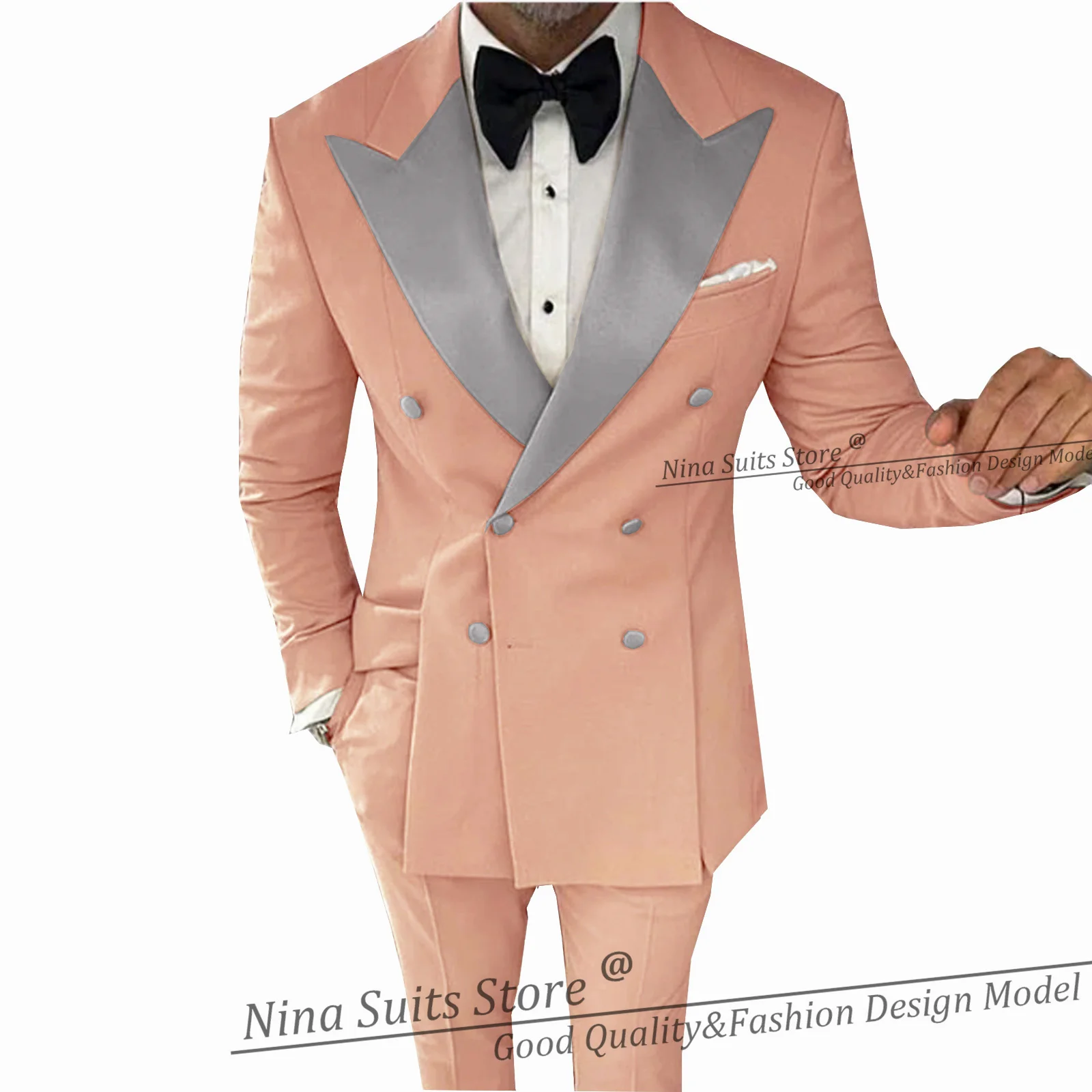 G&N New Male Suit Blush Pink Tailor-Made 2 Pieces Set Fashion Silver Peak Lapel For Business Party Wedding Groom Tuxedos