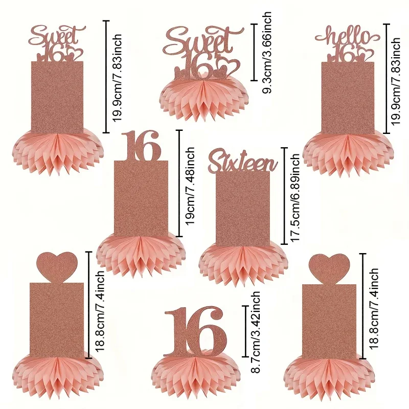 8Pcs Happy 16th Birthday Decorations Sweet 16th Birthday Photobooth Props Honeycomb Centerpiece Pink Rose Golden Party Supplies