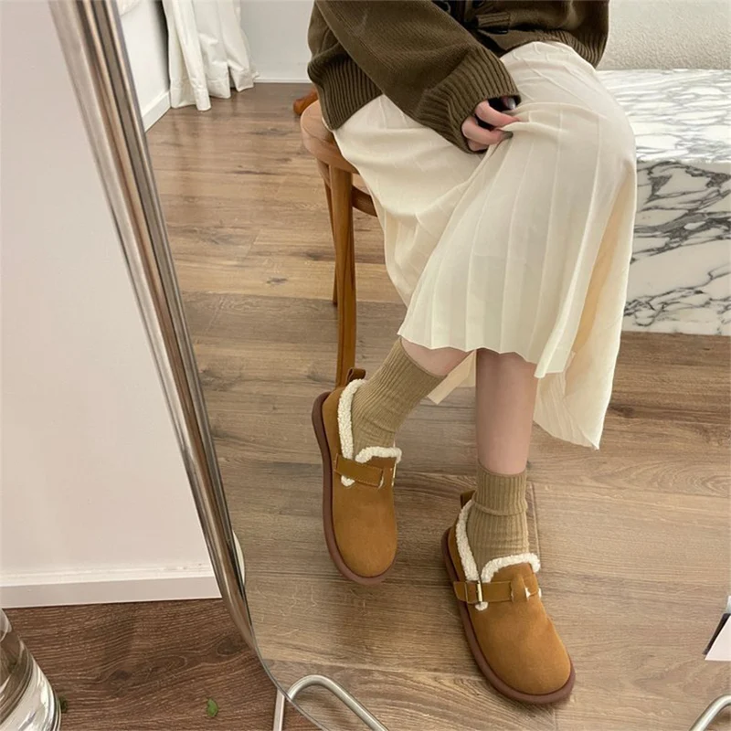 New Women's Fleece Shoes Winter Warm Snow Boots Thick Sole Round Head Comfort Cotton Shoes Casual Bean Loafers Urban