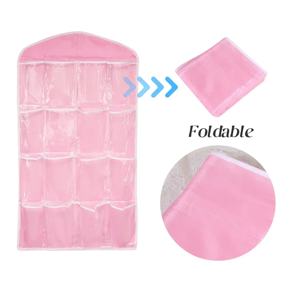 1PC 16 Grid Wall-mounted Clothes Organizer Fabric Closet Bag Storage Rack Mesh Pocket Clear Hanging Over The Wardrobe 3