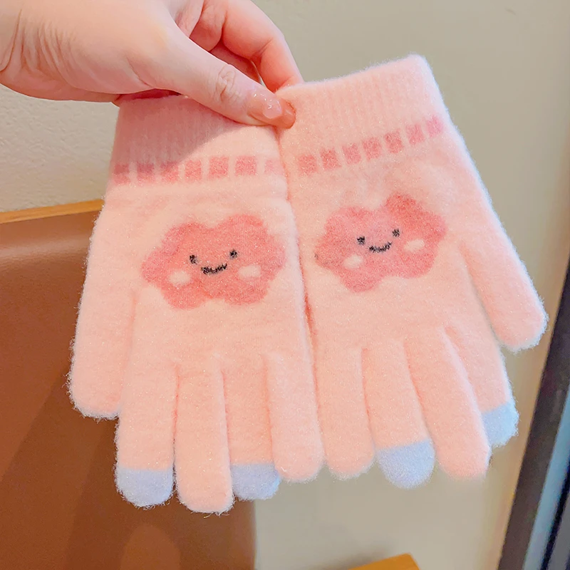 New Children Cute Knitting Cherry Heart Animals Soft Five Finger Gloves Boys Girls Outdoor Warm Gloves Kids Colors