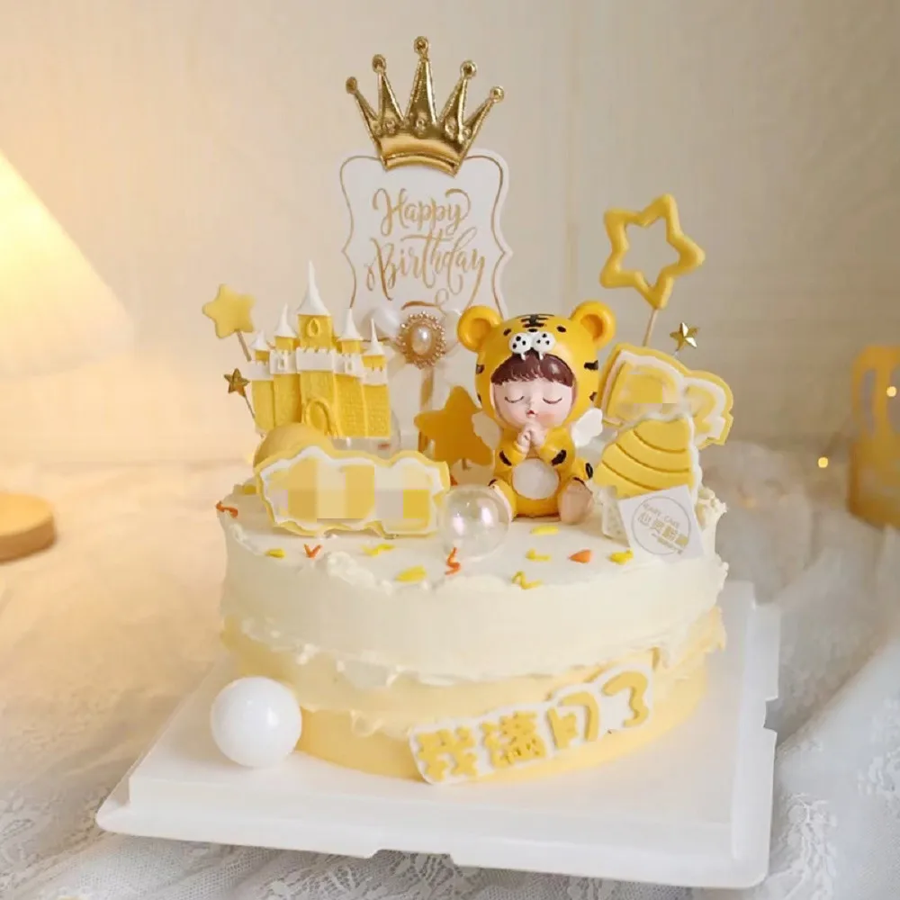 

Cute Tiger Baby Boy Birthday Cake Topper Dessert Cupcake Clouds Color Balloons Rainbow Wedding Party Baking Supplies Decoration