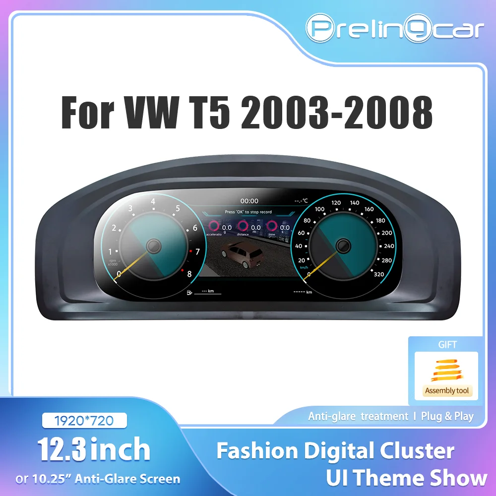 Panel de Instrumentos Digital LCD Prelingcar de 12.3 Pulgadas para Volkswagen T5 Años 2003-2008, Velocímetro para Cabina 1