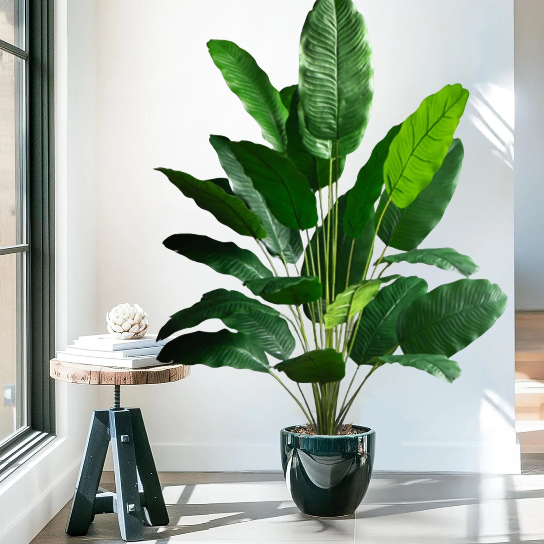 Künstliche tropische Palme, gefälschte Bananenpflanze, Blätter, fühlt sich echt an, Strelitzia-Kunststoffpflanze für den Hausgarten – Detail 14
