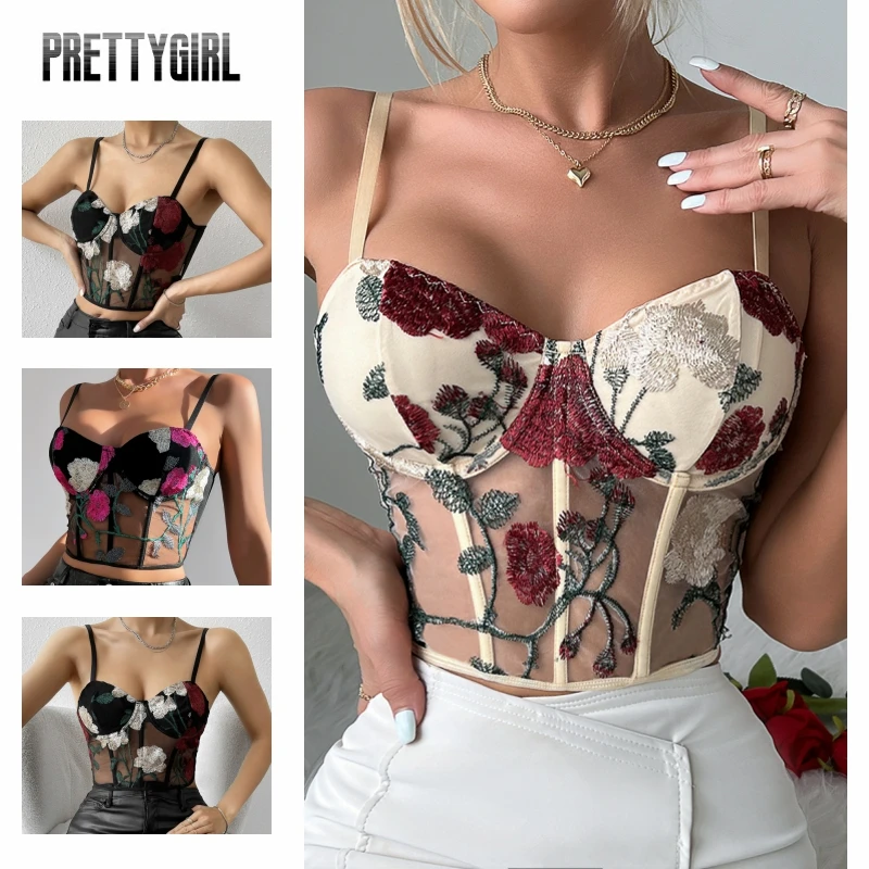 

Y2k Women’s Sexy Bustier Tank Top Adjustable Spaghetti Strap Underwired Seamless Camisole Tank Lingerie Embroidery Crop Tops