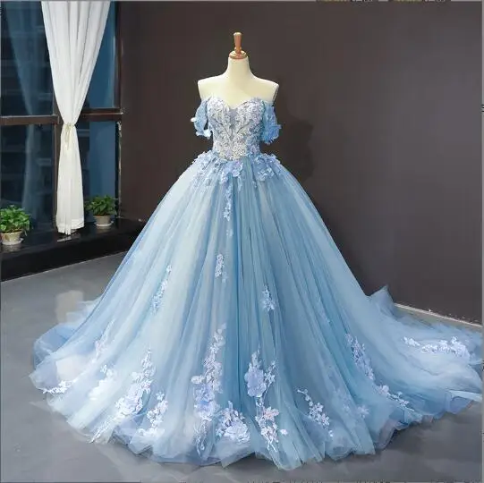 Luxury Sky Blue Lace Quinceanera Dresses Sweetherts Tulle Party Vestidos 15 Anos Vintage Ball Gown Quinceanera Gown