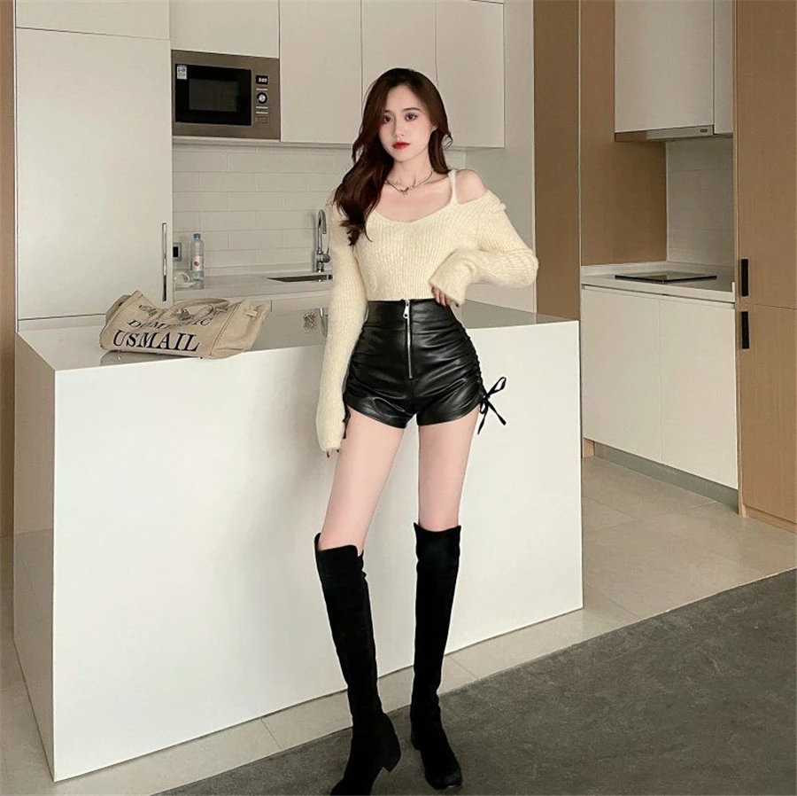 Women's PU Leather Shirring Slim High Waist Zipper Fly Shorts Summer Sexy Trendy Solid Vintage Classic Short Pants For Female women's swim shorts