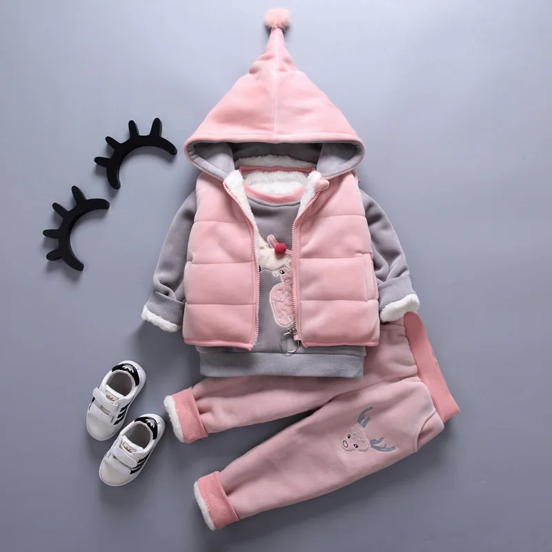 Baby Boy Clothing Girl Clothes Gold Velvet Warm Clothes Bear Cartoon Printing Plus Velvet Thick Sweater Hooded Vest Jacket 3pcs baby clothing set long sleeve	