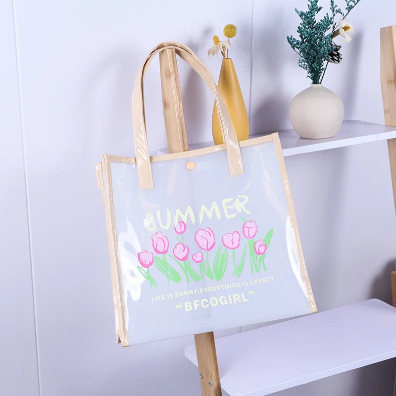 Clear Tote Bag Handbag Water-Resistant PVC Summer Bag Ladies Transparent Shopping Bags Swimming Bag Daily Bag with Button