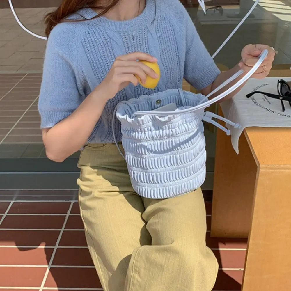 

Korean Style Pleated Bucket Bag Cute Niche Design PU Leather Drawstring Handbags Solid Color Underarm Bag Travel