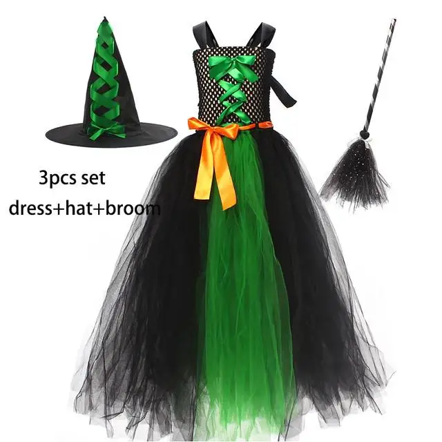 Conjunto de fantasia de bruxa verde e fofo de conto de fadas