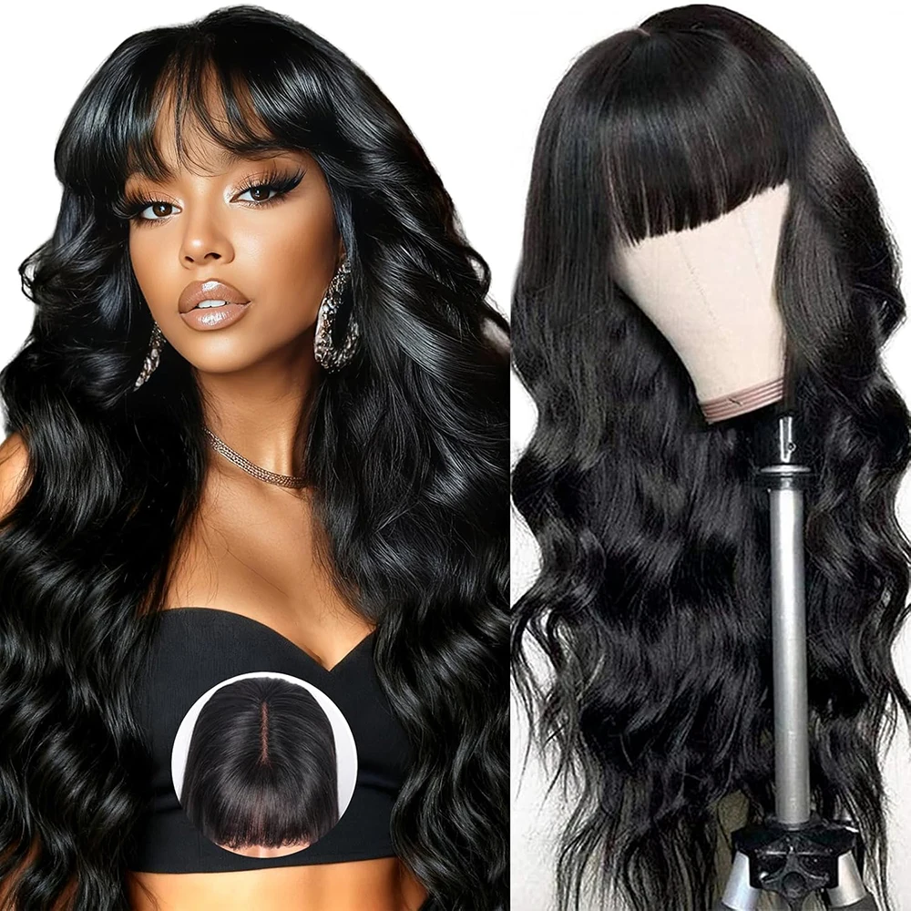 Body Wave Wigs with Bangs 3x1 Middle Part Lace Wig Human Hair Pre Plucked Body Wave Real Human Wigs with Bangs for Women 34 Inch 6