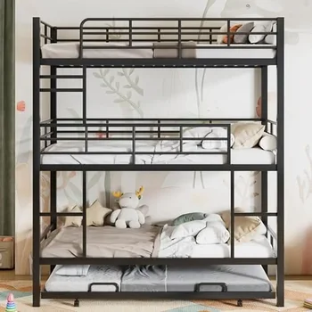 Triple Bunk Bed with Trundle Metal 3 Single Beds 2 Ladders Safety Rails Sturdy & Stylish Twin/Twin/Twin Space-Saving Design 4
