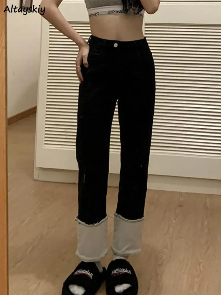 

Black Jeans Women Autumn High Waist All-match Baggy Patchwork Simple Korean Style Fashion Chic Streetwear Casual Vintage Student