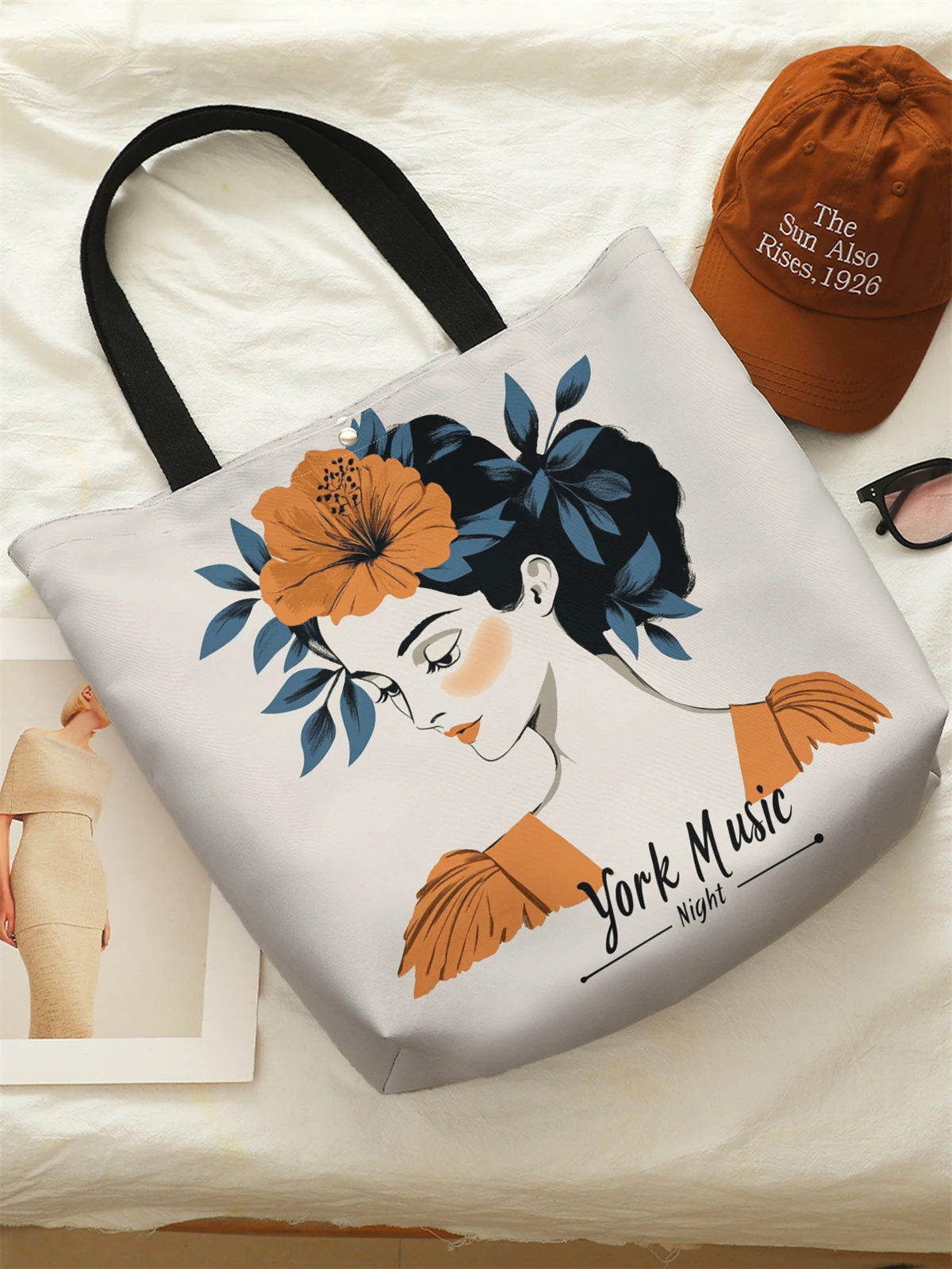 1pc，Cartoon character printed pattern handbag, reusable fashionable handbag, multifunctional handbag, printed canvas shopping b