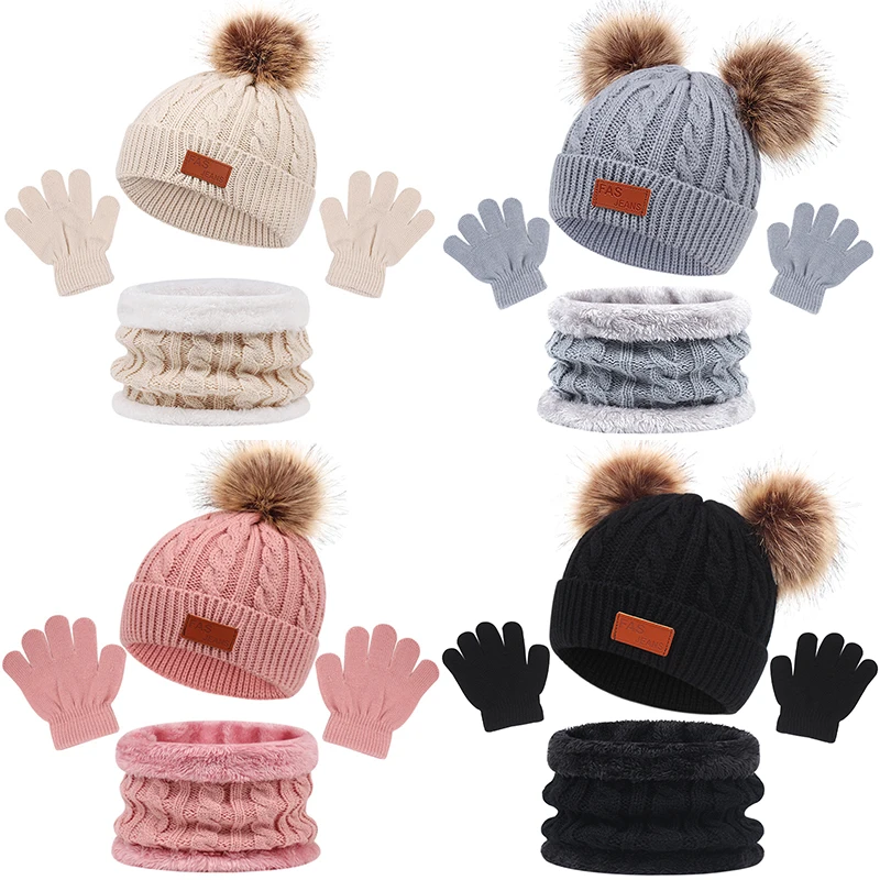 3Pcs Winter Baby Hat Scarf Gloves Set Solid Color Toddler Bonnet Cute Pompom Knitted Hats Outdoor Warm Infant Accessories 1-5Y 1