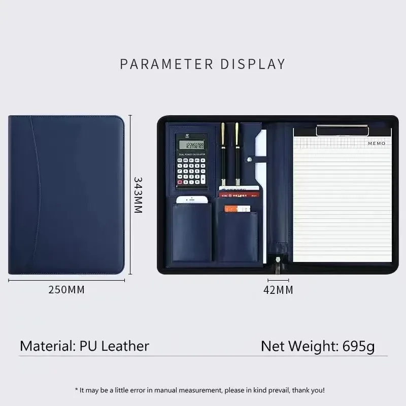Multifunctional A4 Leather Portfolio Folder For Document Organizer Zippered Bag