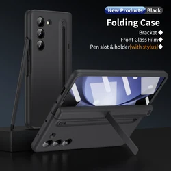 Luxury Fold Stand Phone Case with Pen Holder and Elastic Skin Feel for Galaxy Z Fold 5 (Black)