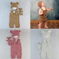 Vêtements de photographie pour nouveau-nés, barboteuse tissée à la main, pantalon, chapeau d'ours et poupées d'ours, accessoires de décoration, tenues de séance photo pour bébé, 3 pièces/ensembles 2