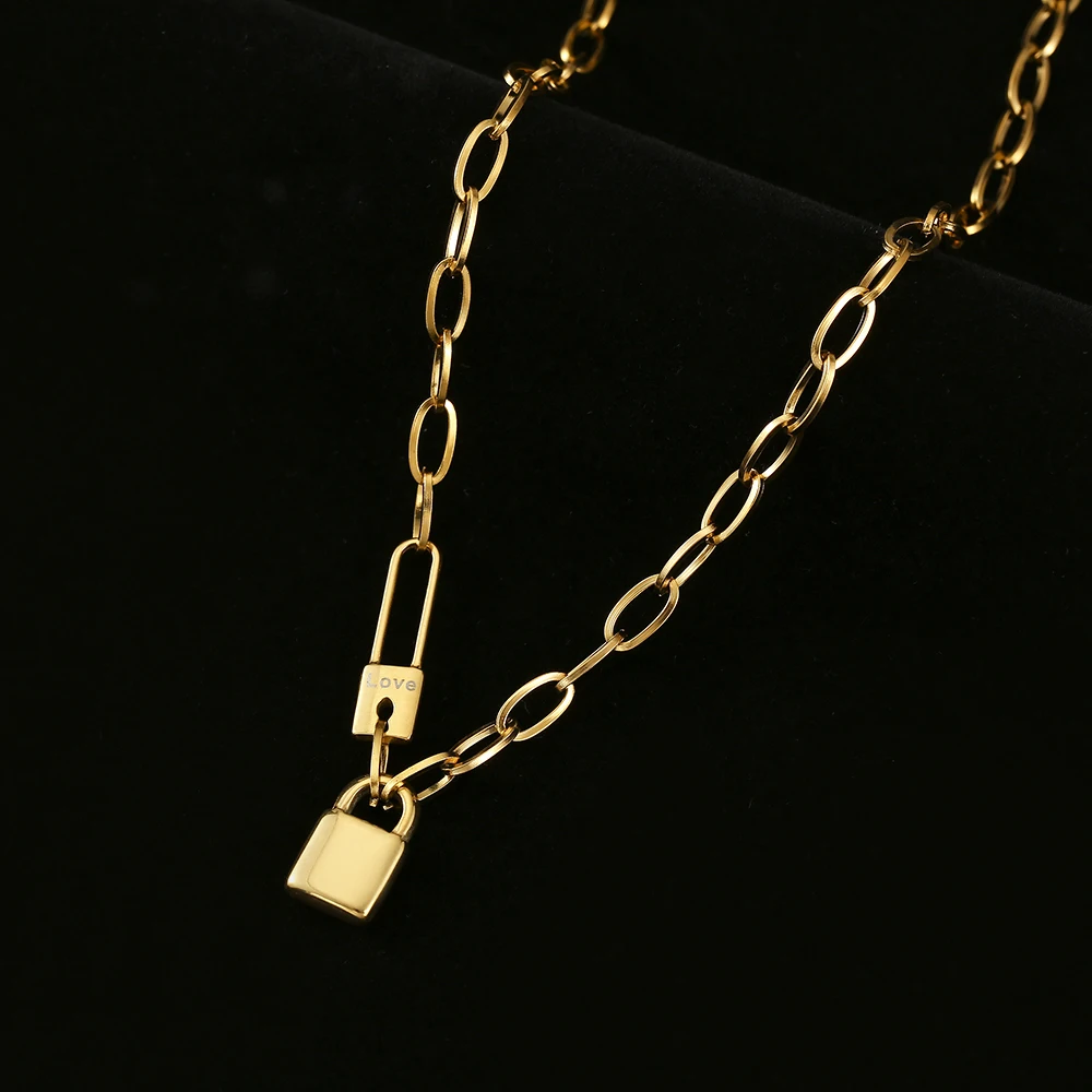 100% Stainless Steel lock catch Necklace For Women Gold Color Metal Lock Chunky Heavy Duty Chain Choker