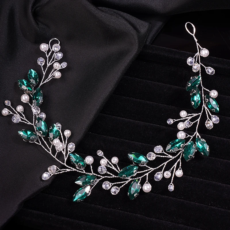 Bride Wedding Rhinestone Simple Hair Vine Bridal Silver Hair Piece Green Crystal Headband Accessories for Women Handmade