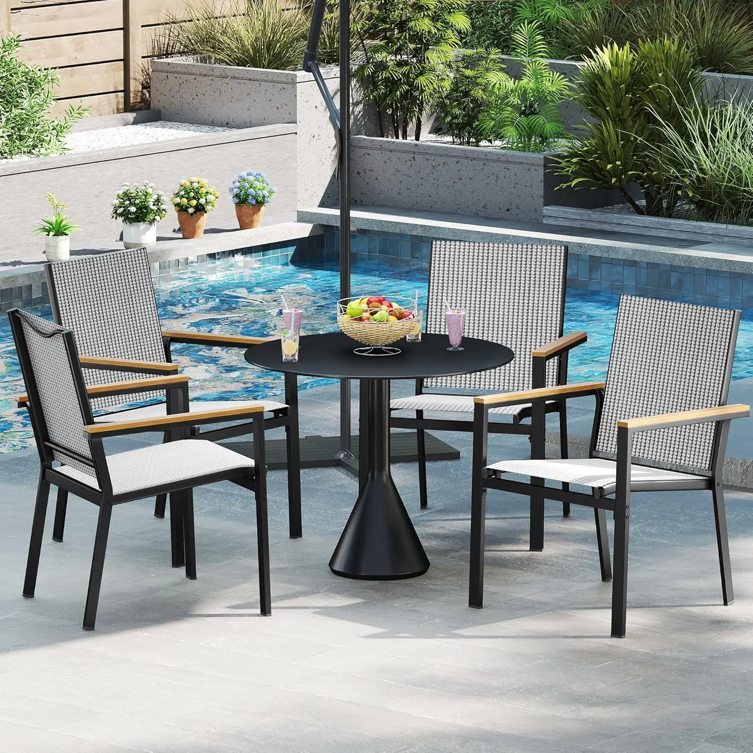 Stackable Patio Chairs Set of 2. All-Weather. Olefin Fabric. Faux Wood Armrests. Black & White Plaid.