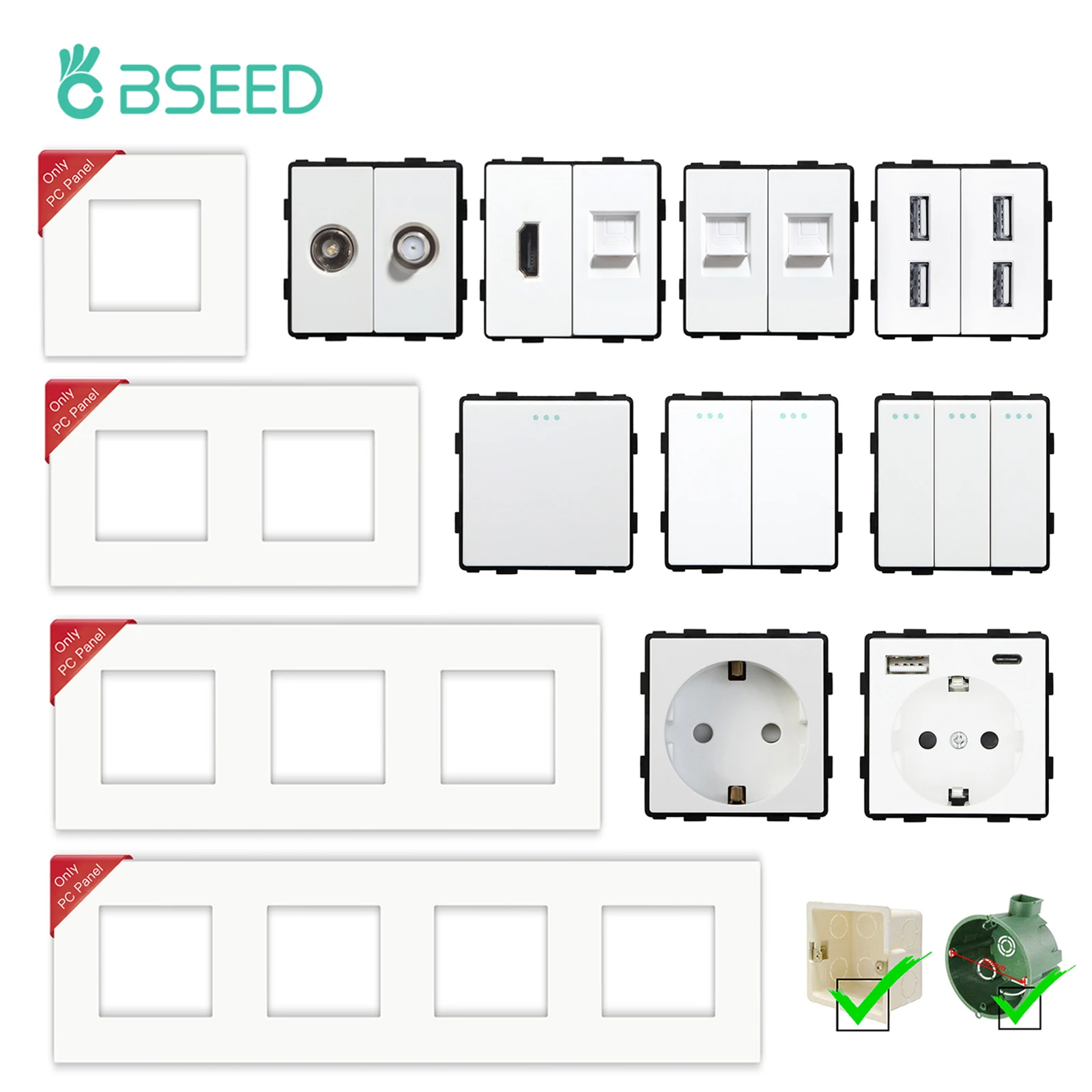 BSEED 무광 플라스틱 프레임, EU 벽 플러그, 기계식 스위치 기능 부품, DIY 무료 조합, RJ45 TV ST HDMI CAT5/6 USB 소켓