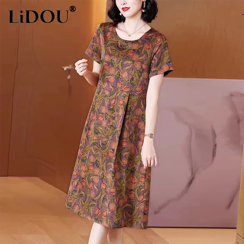 

2023 Summer O-neck Vintage Printed Temperament Robe Femme Short Sleeve Loose Casual Fashion Midi Dress Vestidos Women's Clothing