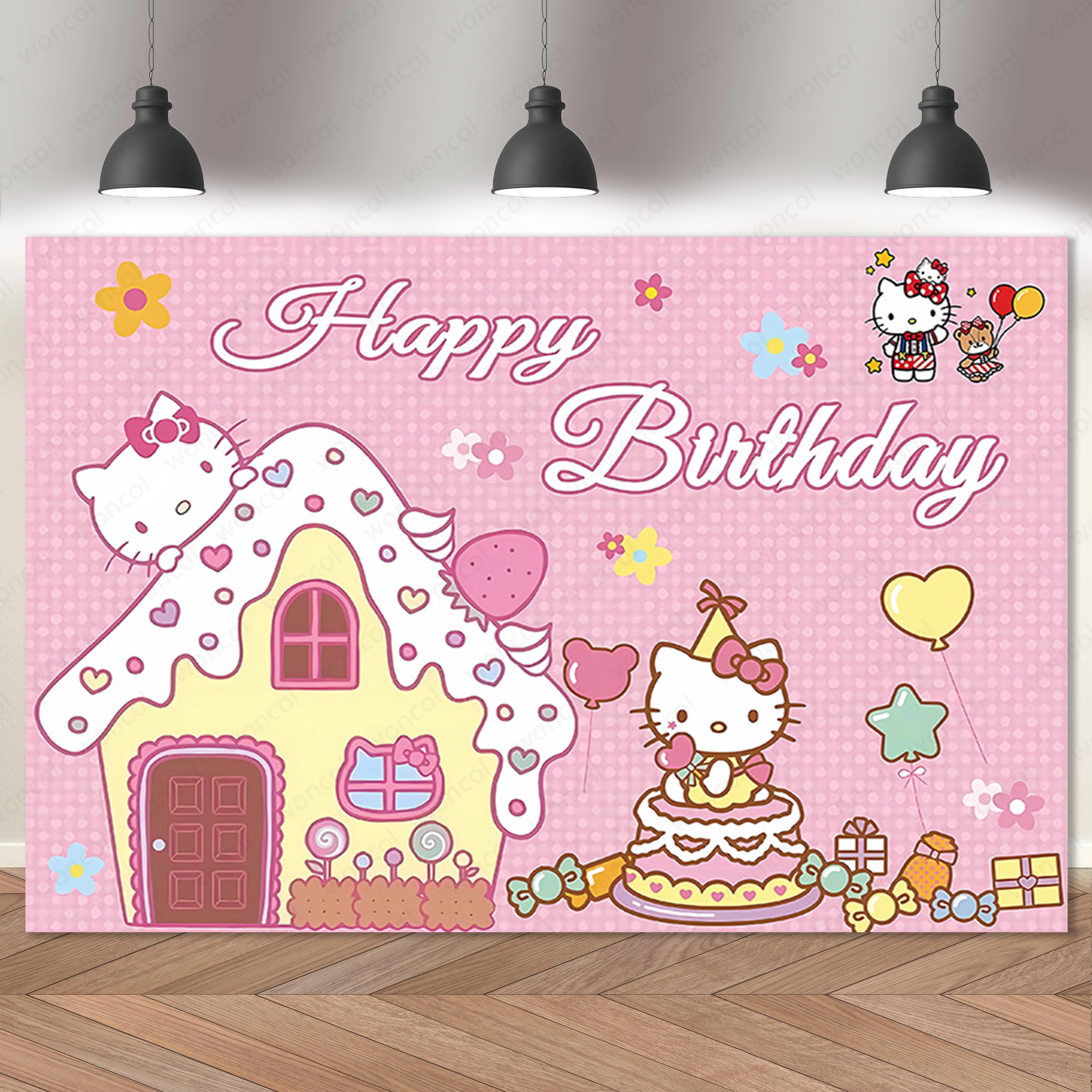 thumbnail image 1 of Fondo rosa de Hello Kitty, decoración para fiesta de cumpleaños de niña, fondo de fotografía de gatos de vinilo, cartel para Baby Shower, accesorios de estudio, 1 of 5