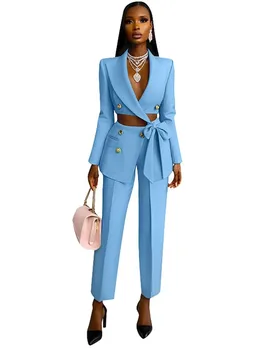 Sexy Waist Exposed Ultra Short Blazer Top Women's Pants 2 Piece Set Spring Fashion Cross Strap Tops Slim Suit Office Pants Suit 1