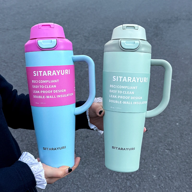 Sitarayuri Dual-Drink Insulated Tumbler 1.2L Stainless Steel Handled Cup Flip-Top Direct Sip &Amp; Straw Cup