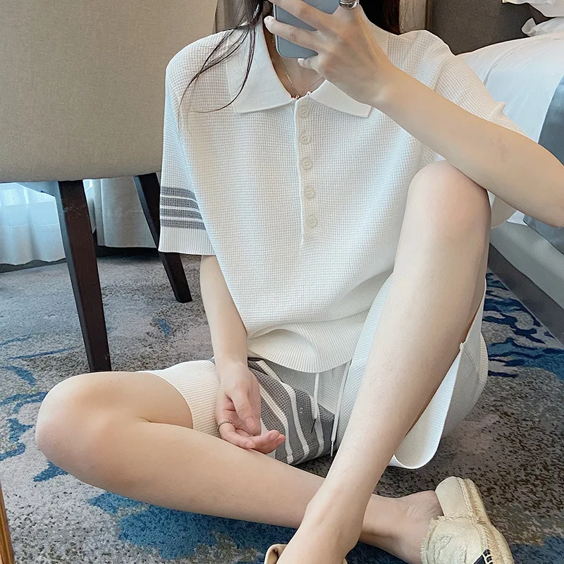 

High Quality TB Striped Polo Shirt, Waffle Ice Silk Lapel T-shirt Hat, TB Short Sleeve Men's and Women's Knitted Half Sleeves