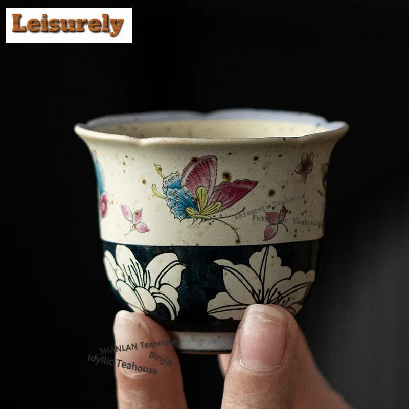 50ML Caramel Glaze Butterfly Lily Flower Mouth Teacup Elegant Tea Bowl Cute Cup Tea-tasting Meditation Cup Chazhan Master Cups