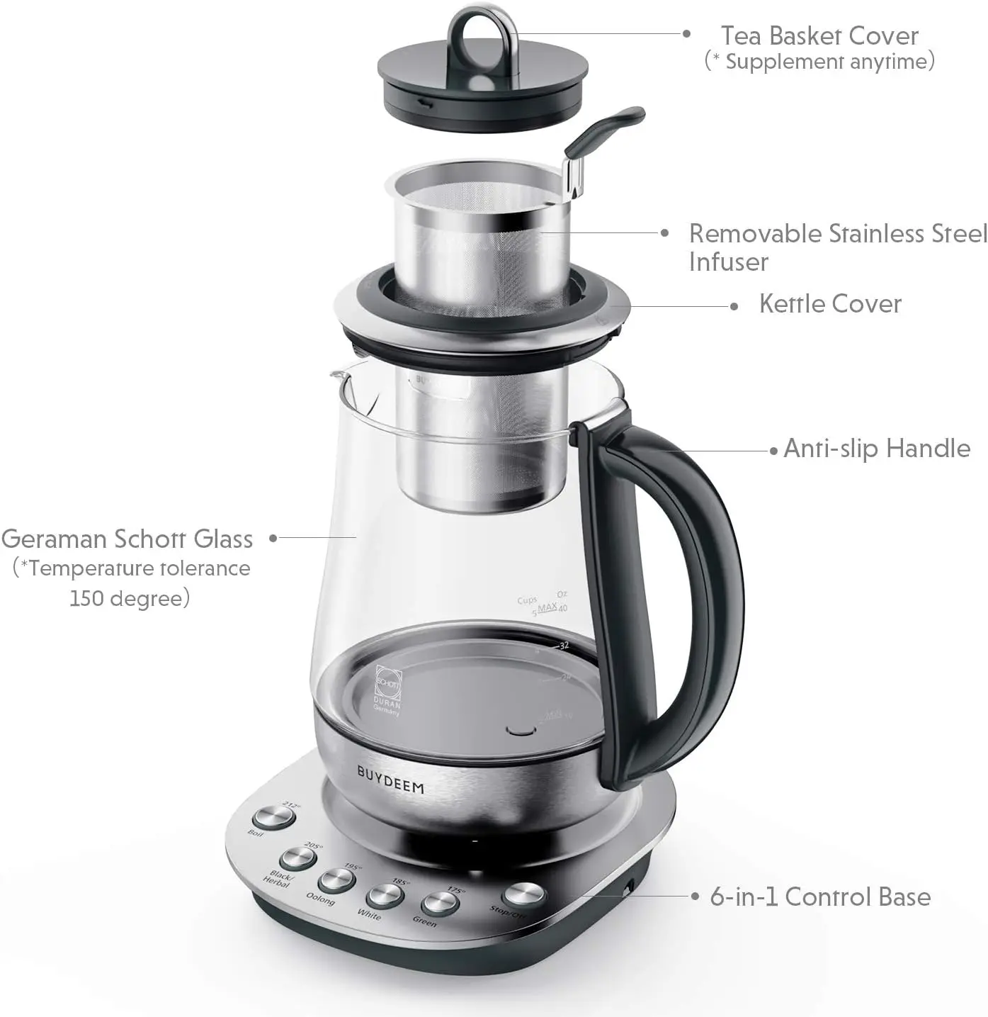 K2423 Tea Maker, Durable 316 Stainless Steel & German Schott Glass Electric Kettle, Removable Infuser, Auto Keep Warm, B 2