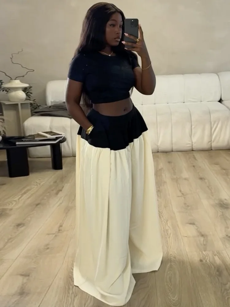 Wmstar Two Piece Set Women Wholesale Stock 2025 Summer New Fitted Short Top Wide Leg Contrasting Color Long Pants Fancy Club