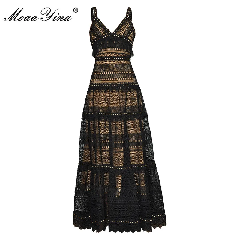 

MoaaYina Fashion Runway dress Summer Women's Dress Black Sexy Spaghetti Strap Lace Hollow Out Party Vacation Maxi Dresses