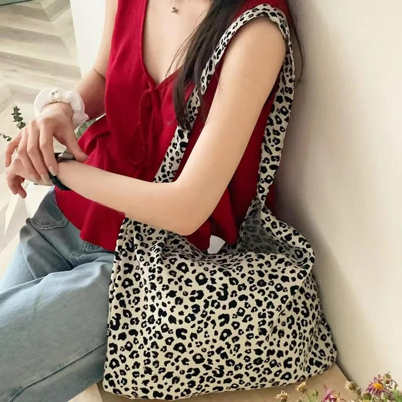 Women's Bag Cheap Casual Large Capacity Shoulder Bags Shopper Canvas Fashion Harajuku Zipper Leopard Pattern Print Handbags