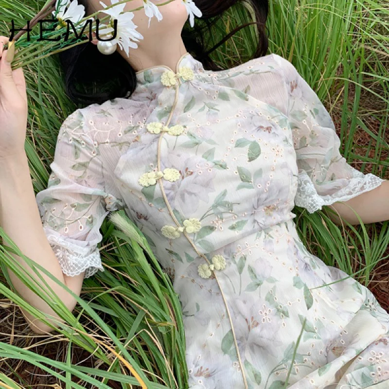 

Hemu 2021 New Summer Tight Waist Slimming A- line Skirt women Korean Style Retro Design Midi Dress Ins