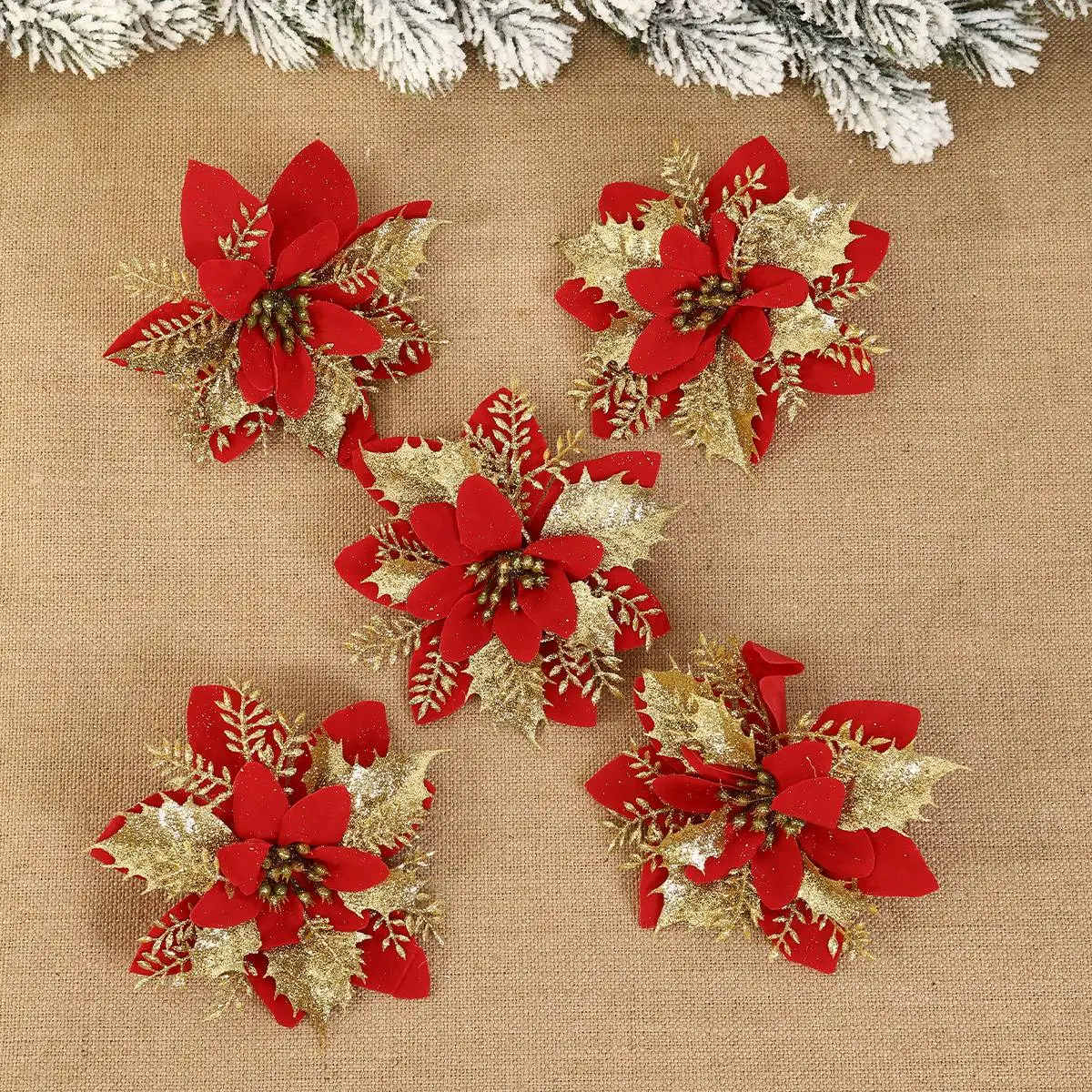 10pcs Christmas Glitter Flowers Fake Flower Christmas Tree Decorations for Home 2025 Tree Pendant Ornaments Navidad