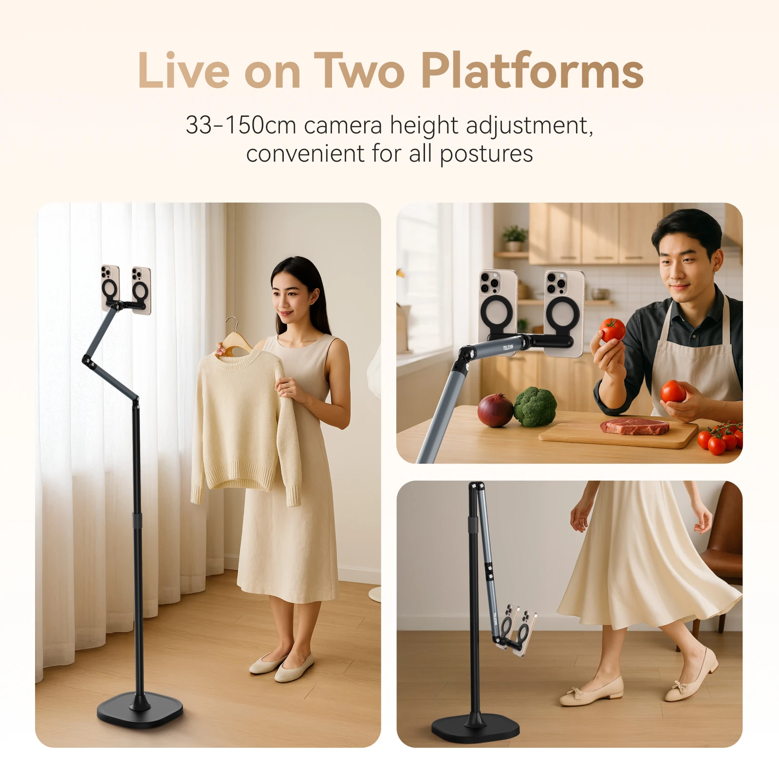 TELESIN Magnetic Mobile Phone Floor Stand 2 Cantilever Live Broadcast Tablet Bracket Universal for Mobile Phone Holder Stand