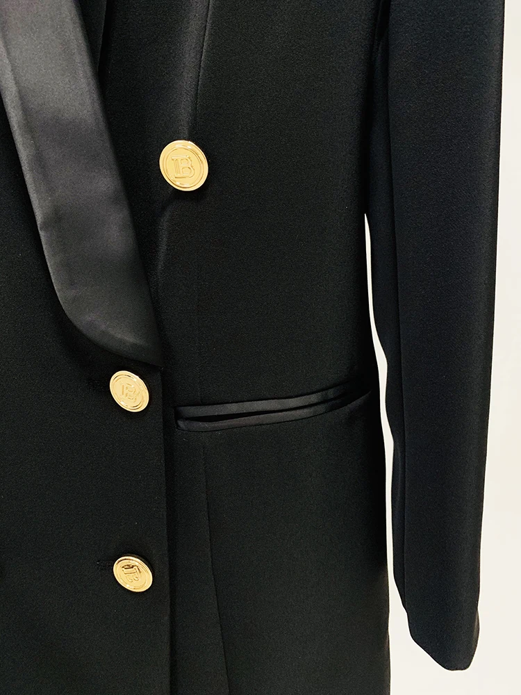 HIGH STREET Newest 2024 Designer Fashion Women's Metal Button Rhinestone Diamonds Beading Badge Shawl Collar Long Blazer 4