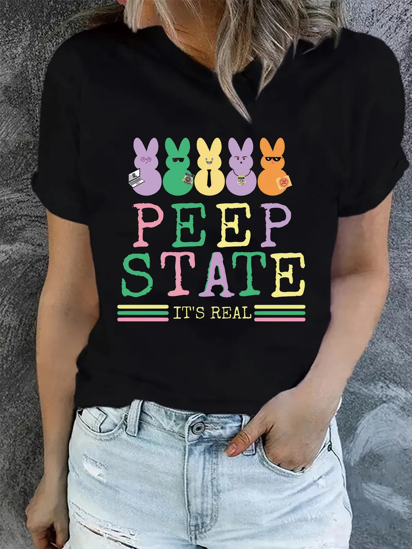 

Красочная забавная футболка с надписью «PEEP STATE», женская летняя модная повседневная Пасхальная футболка в стиле Харадзюку с круглым вырезом и коротким рукавом, 2024