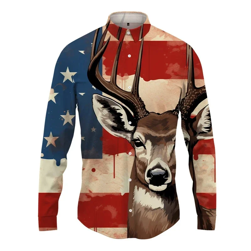 thumbnail image 1 of Camisa con solapa de animal para hombre y mujer, con estampado 3D de alce, informal, de manga larga, con botones, ropa de calle de gran tamaño, unisex, 1 of 5