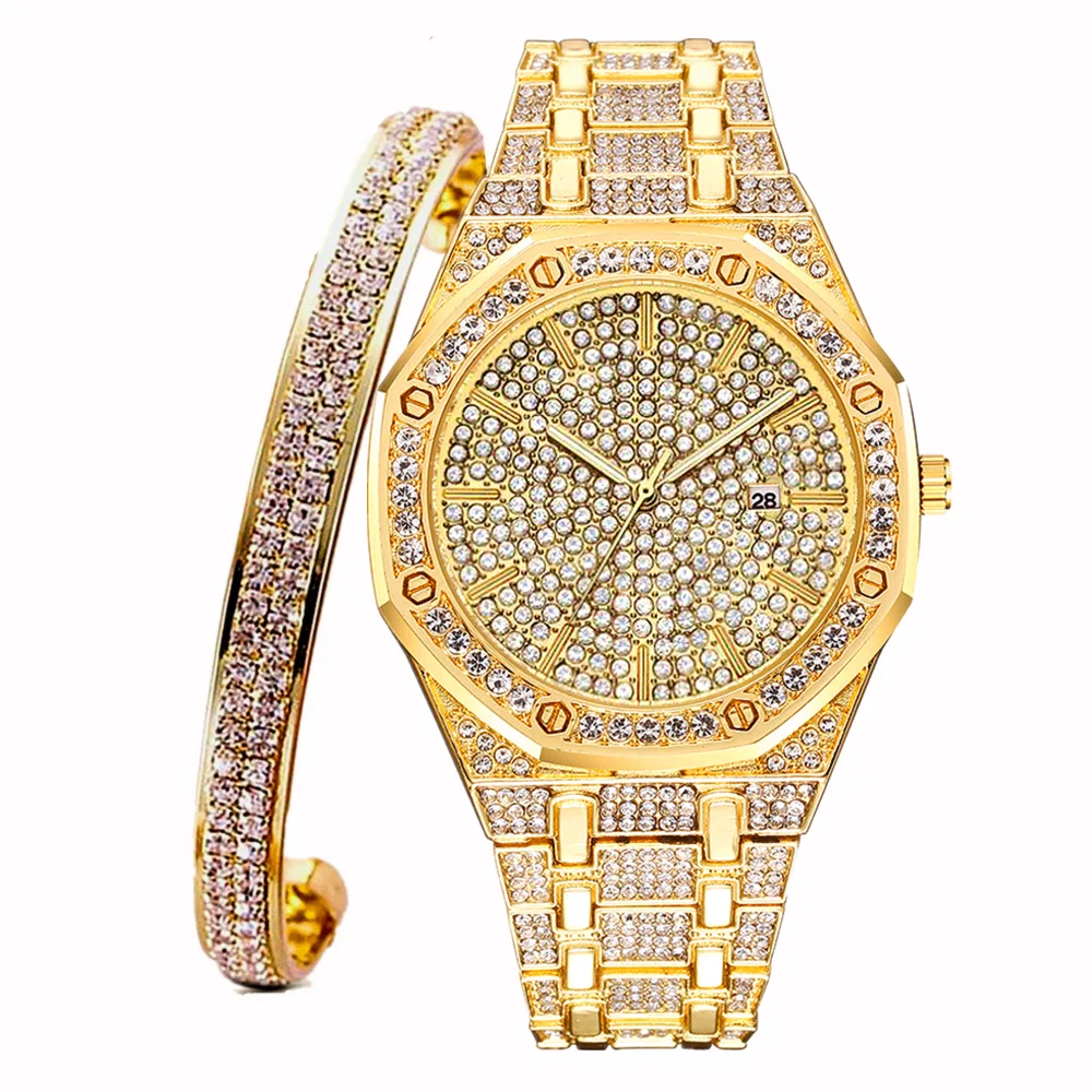

2PCS Iced Out Watch for Women Simple Charm Bracelet Fashion Luxury Sliver Gold Watch Diamond Jewelry Women Set Gifts Reloj Mujer