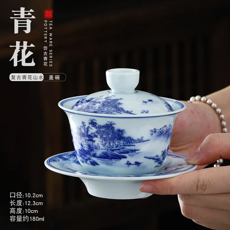 Chinese Retro Sancai Gaiwan Blue and White Tea Tureen Ceramic Teaware Tea Cup Set Handmade Porcelain Gongfu Bowl Cups