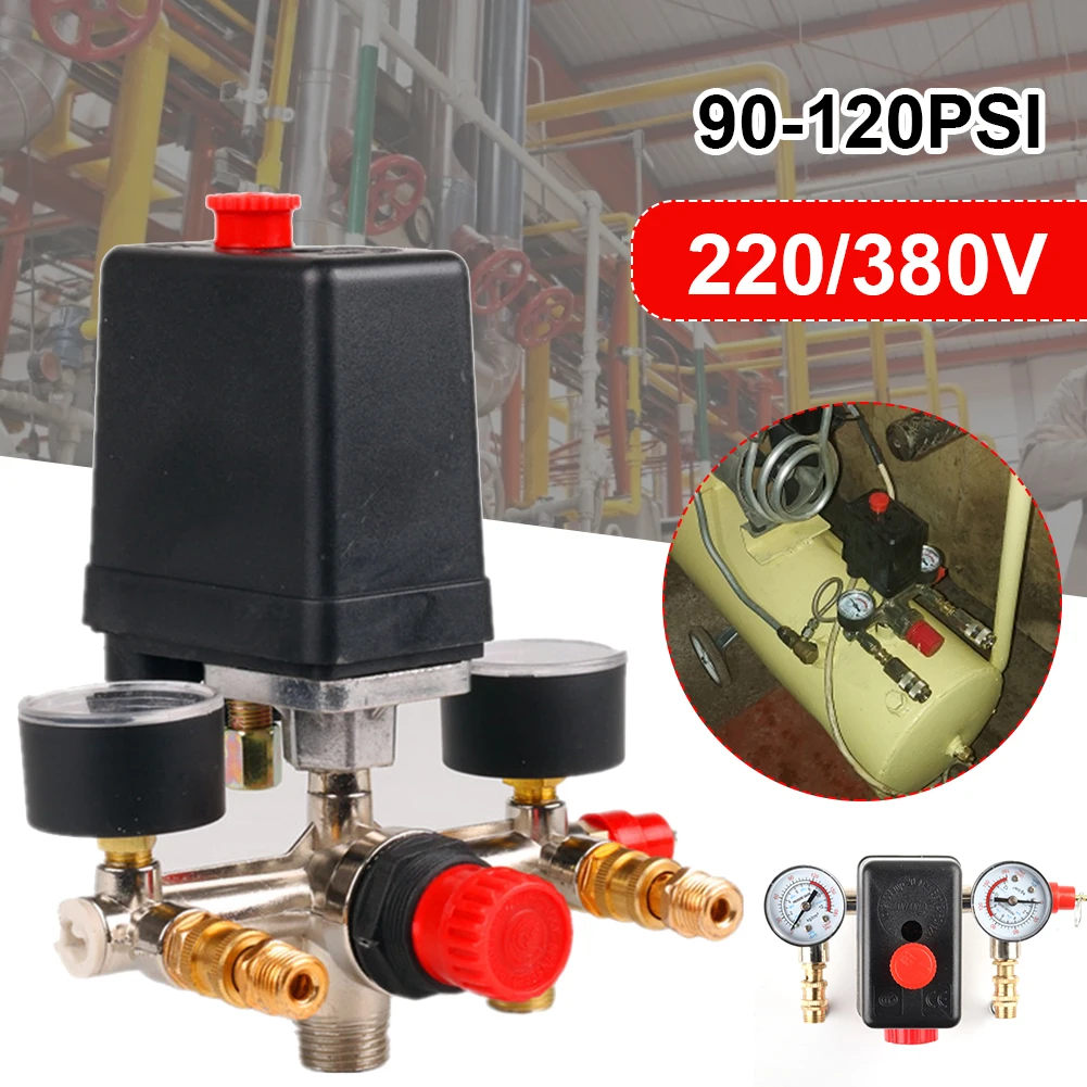 NEW Air Compressor Pump Pressure Switch Manifold Regulator Control Valve with Quick Connector Gauges 230-380V Aluminum Alloy 2